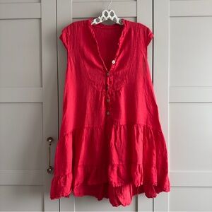 Linen Red 🌶️ Button Down Tiered Mini Dress 🌞Resort wear Vacation Travel Friendly
